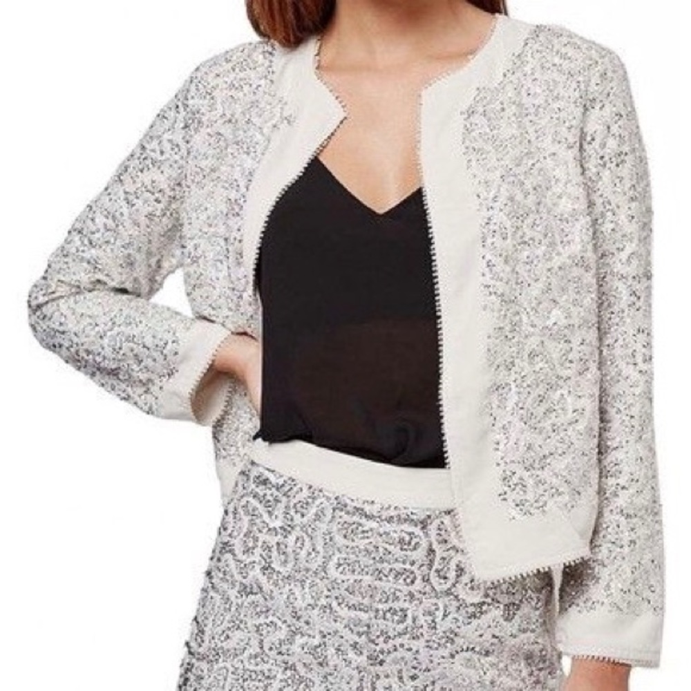 NWT Topshop Sequin Embellished Open Front Crepe Scalloped Trim Jacket Sz 4P